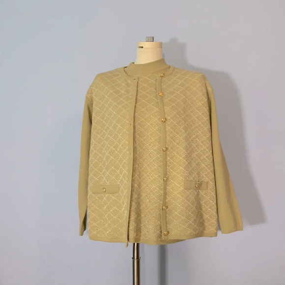 Adolfo collectibles tan gold silver cardigan turtleneck sweater set size m wool - Picture 1 of 8